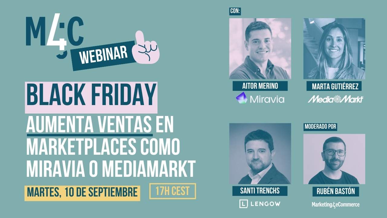 Anuncio de webinar sobre ventas en Black Friday en marketplaces. Participan expertos de Miravia y MediaMarkt. Fecha: Martes, 10 de septiembre, 17h CEST.