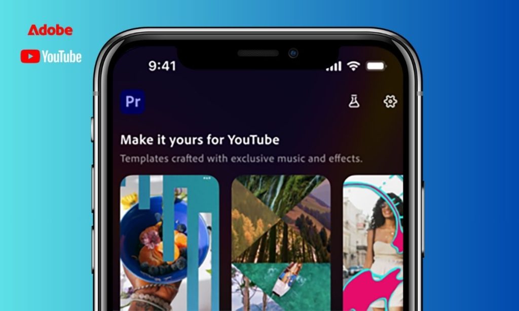 Sobre un fondo degradado azul aparece un móvil emergiendo de la parte inferior de la imagen. En su pantalla, el móvil muestra la interfaz de Premier y la opción para crear vídeos para YouTube Shorts. En la esquina superior izquierda de la imagen aparecen el logo de Adobe y el de YouTube.