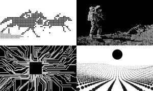 Caballos al galope, astronauta caminando en la luna, circuito tecnológico, paisaje abstracto con sol. Estética retro en píxeles, evocando innovación visual.