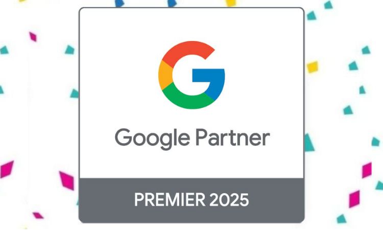 Sobre un fondo blanco con serpentina de colores aparece la imagen del sello Google Partner Premier 2025