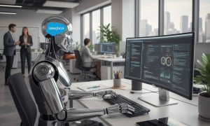 una imagen de un robot trabajando en una oficina. El logo de Salesforce está en el robot