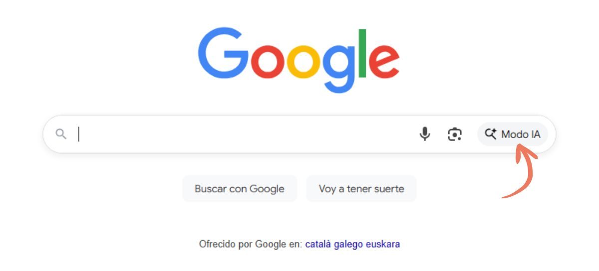 Captura del inicio de Google que muestra la opción Modo IA en el buscador