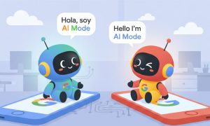 Imagen de dos pequeños robots corporativos de Google conversando. En el bocadillo de texto de uno aparece la frase "Hola, soy AI Mode" y en el de el otro la frase "Hello I'm AI Mode". Cada uno de los robots está sentado sobre un teléfono móvil. Estilo animado