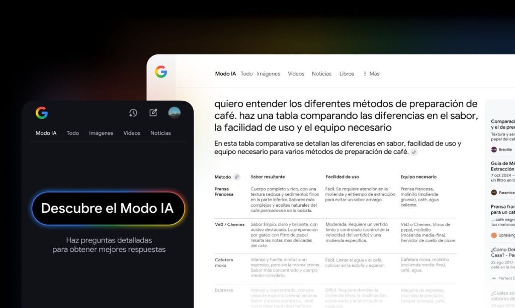 Sobre un fondo negro, aparecen una vista de teléfono que muestra el inicio de AI Mode de Google y pone "Descubre el Modo IA", y una vista de ordenador en la que se muestra el AI Mode en funcionamiento en español