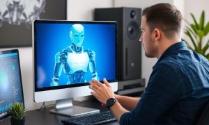 a robot on a screen of a computer. A man is using the computer
