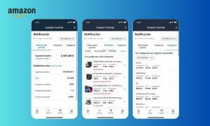 Sobre un fondo degradado azul aparecen tres capturas de pantalla de teléfono móvil. Estas muestran varias vistas de Creator Central de Amazon.