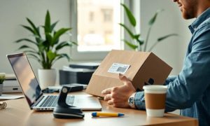 A 16:9 photorealistic image showing a person in a small business or home office setting. He is scanning a cardboard box label. The desk contains a laptop, barcode scanner, a pen and a takeaway coffee cup. The workspace is clean and well-organized, with soft daylight coming through a window and a potted plant adding a natural touch. The scene should convey productivity and modern eCommerce logistics
