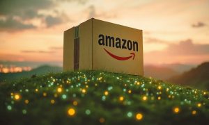A realistic view of an Amazon cardboard box on top of a hill. Downhill we see a world made of sparkling nodes, shopping carts and neon bytes