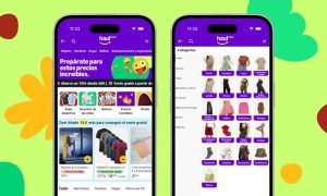 Sobre un fondo verde con formas redondeadas de colores, aparecen dos teléfonos móviles en cuyas pantallas se muestra el servicio Amazon Haul, que acaba de lanzarse en España