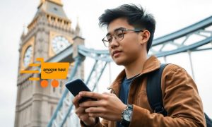 a young asian man using his cell phone in front of the London Tower. From the cell phone flies an icon of a shopping cart