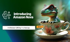 Imagen que muestra una obra creada con Amazon Nova Canvas de un dinosaurio en una taza de porcelana. A la izquierda de la imagen, que va dando paso a un degradado negro, se lee "Introducing Amazon Nova"