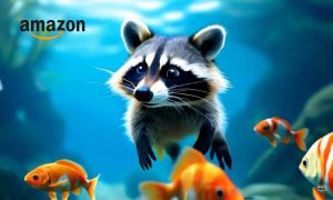 Captura de uno de los fotogramas que componen un vídeo generado con Amazon Nova Reel 1.1, la nueva versión de la IA generadora de vídeo de Amazon. En la imagen se ve a un simpático mapache buceando en el fondo marino, entre peces de color naranja