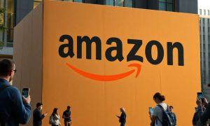 a giant amazon box and people using their cell phones