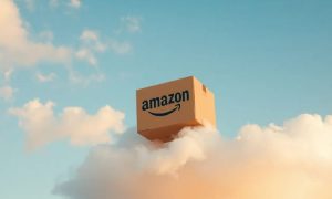 an amazon cardboard box floating on a cute cloud on a sky