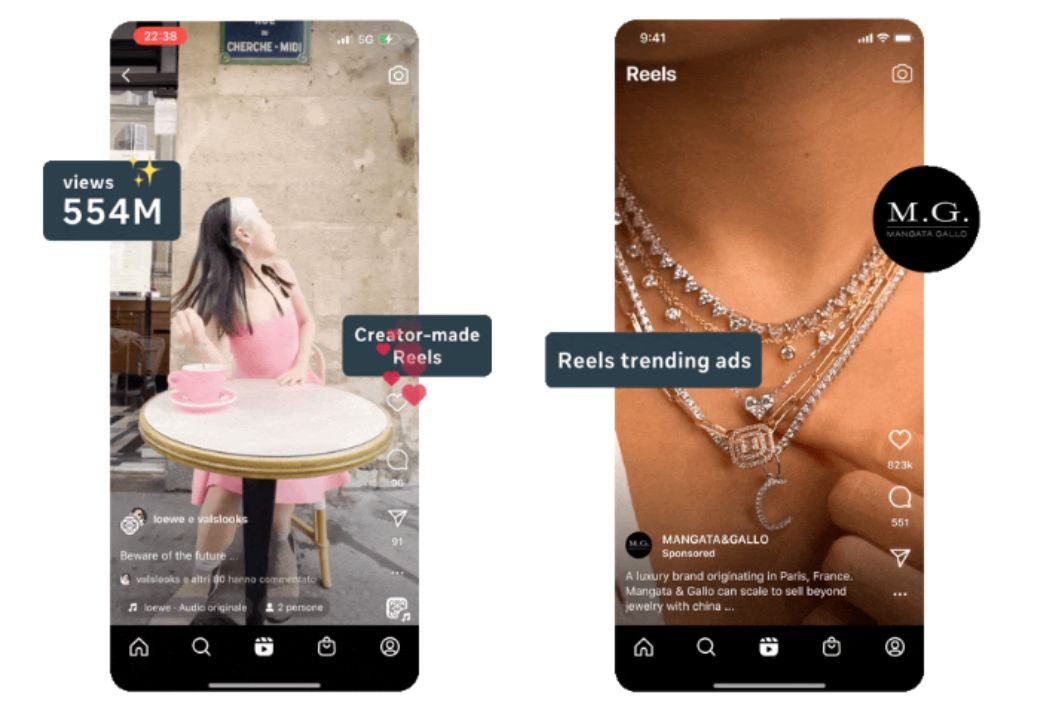 Imágenes de dos pantallas de móvil. En la de la izquierda aparece un Reel de una creadora de Instagram. Al deslizar para pasar al siguiente Reel se llega al de la segunda imagen, que es un anuncio de tendencias en Reels de una marca de joyas