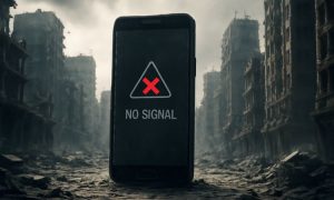 un movil sin señal en una ciudad derruida