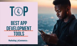 a man using a cell phone, with an app creation tools title