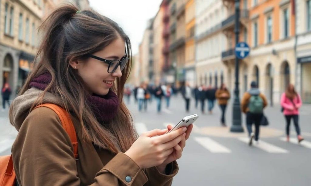 una mujer joven usa el móvil en la calle