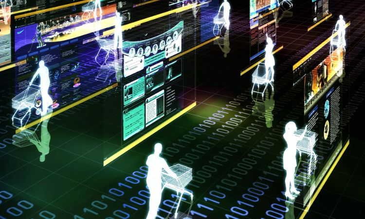 "Una escena panorámica y futurista en una avenida urbana. A la izquierda, una única persona frente a una tienda física con una fachada de cristal transparente y pantallas interactivas superpuestas sobre el vidrio, mostrando productos. Esta persona sostiene un dispositivo móvil, indicando la integración entre el canal online y la experiencia en tienda. En el centro, líneas fluidas y luminosas flotan en el aire, representando redes sociales y conexiones digitales, sin palabras ni texto. A la derecha, un único vehículo eléctrico de reparto se encuentra junto a un centro de distribución automatizado, mientras otra persona empuja un carrito de compras tradicional. No hay drones. La escena refleja la armonía entre el futuro digital del comercio, la tienda física, las redes sociales y la logística, con no más de dos personas presentes."