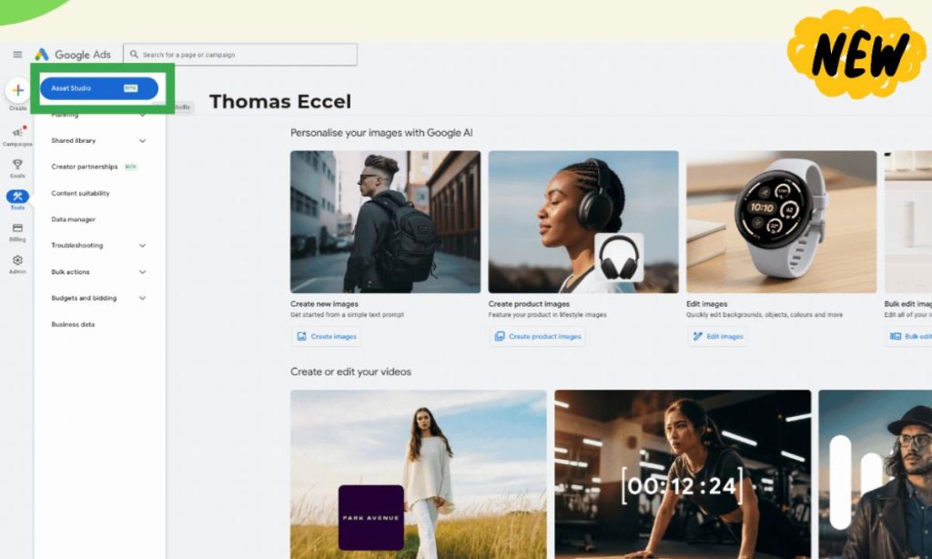 Imagen que muestra un panel de Google Ads, concretamente la nueva suite Asset Studio disponible en la opción "Herramientas"