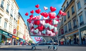 A huge massive shopping cart full of heart icons in the middle of a street in europe