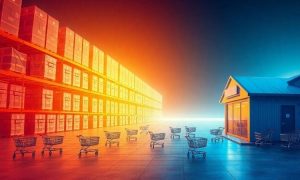 a giant warehouse and a small shop, on a neon world. Lots of small shopping carts flow from the warehouse to the shop. Detailed photo of high quality, made by a professsional