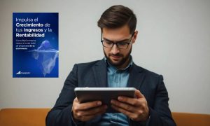 Hombre con gafas utilizando tableta en sofá; a la izquierda, póster azul: "Impulsa el Crecimiento de tus Ingresos y la Rentabilidad". Estrategias empresariales.