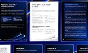 Imagen de varias páginas del nuevo descargable de Bigcommerce, sobre: 5 pasos clave para una migración exitosa.