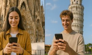formato de pantalla partida. En una mitad de la imagen se ve a una mujer joven viendo su móvil ante la Sagrada Familia de Barcelona. En la otra mitad de la imagen, aparece un hombre joven usando su móvil ante la Torre de Pisa