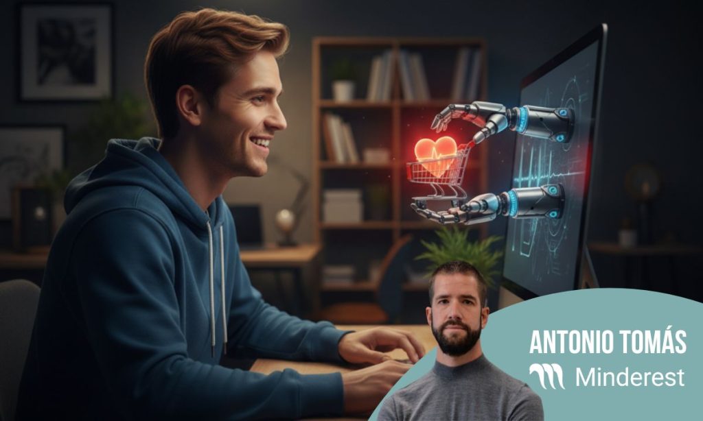 Se ve de perfil, de lado, a un hombre joven sentado ante un ordenador. La parte trasera del monitor marca el final de la imagen. De la pantalla del ordenador emergen unos brazos robóticos que sostienen un carrito de la compra en el que hay un corazón brillante. El hombre joven está contento. El estilo es de fotografía realista.