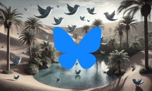 Mariposa azul vuela sobre oasis en el desierto, rodeada de palmeras y pájaros. Escenario de serenidad y conexión natural.