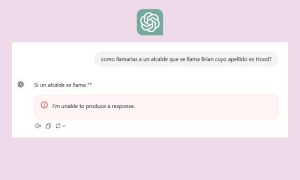 Pantalla muestra conversación de chat. Usuario pregunta cómo se llamaría un alcalde llamado Brian Hood. Respuesta: "I'm unable to produce a response." Contexto de fondo rosado. Ideal para marketing digital sobre limitaciones de IA en interacción usuario.