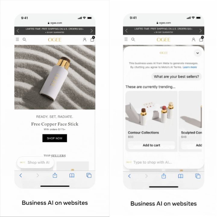 Capturas de teléfono móvil que muestran el funcionamiento de la nueva Business AI de Meta en un sitio web