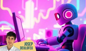 un simpático robot utilizando un ordenador para hacer búsquedas conversacionales en un mundo de colores neón