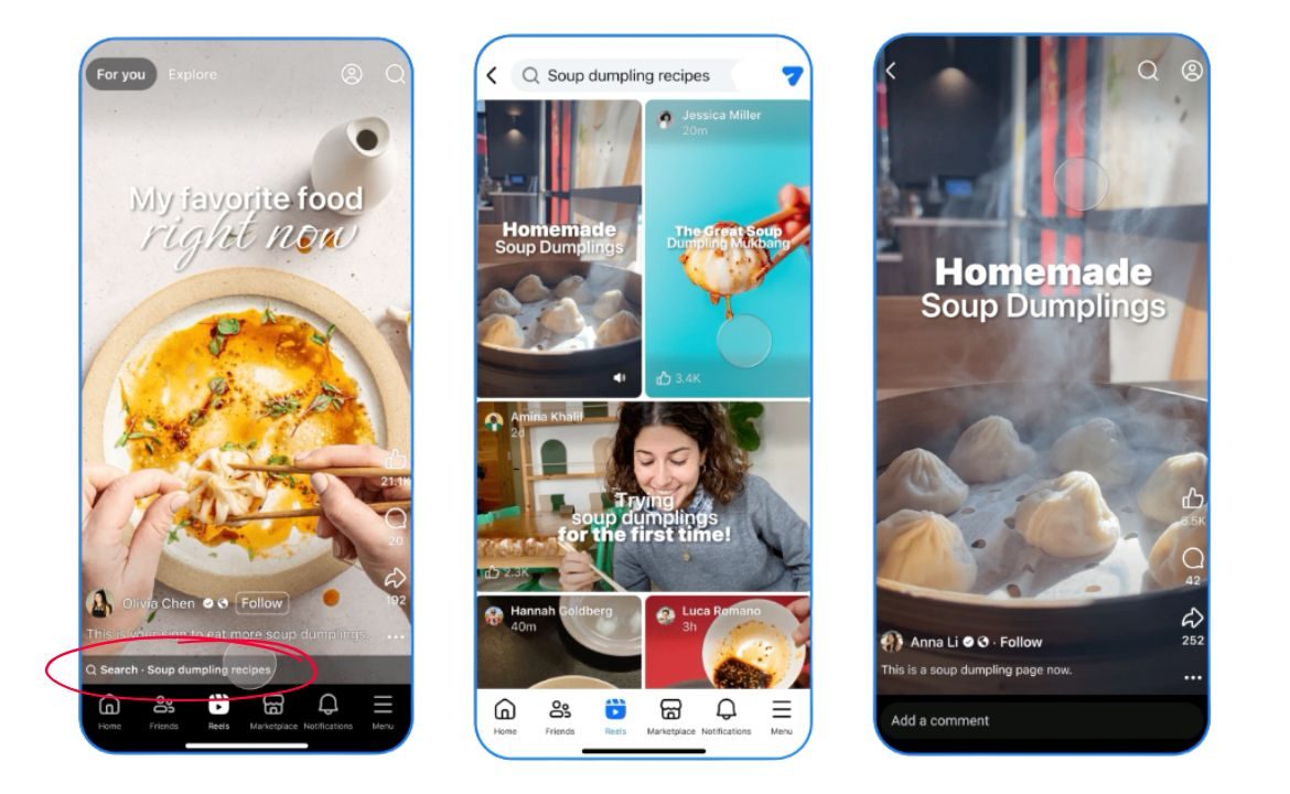 Three images of a mobile screen showing how AI-suggested search works in Facebook Reels