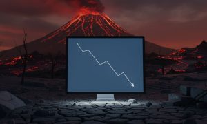 Una gráfica que muestra una línea de tendencia. La gráfica está en una pantalla de un ordenador en un paisaje apocaliptico