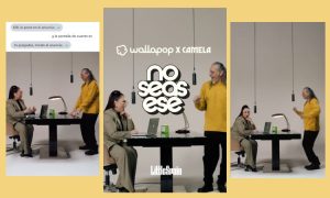 Persona sentada en una mesa con laptop, otra de pie gesticulando. Texto: "Wallapop x Camela", "no seas ese", "LaDesisión". Ambiente minimalista.