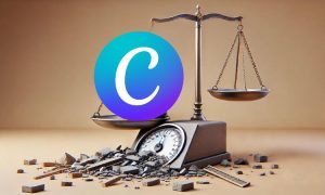 Imagen de una balanza. La C del logotipo de Canva está sobre uno de los platos de la balanza, pesa tanto que la ha roto. En el suelo pueden verse escombros provocados por el peso de esta. Representa la subida de precios de Canva Equipos.