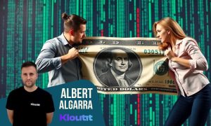 a man and a woman pulling strong each other on each side of a giant dollar bill. They grab the bill with their hands. Background resembles a digital world