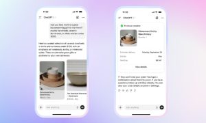 Sobre un fondo degradado azul y rosa claro, aparecen dos teléfonos móviles en cuyas pantallas se muestra el proceso de compra de un artículo con la nueva función Instant Checkout de ChatGPT
