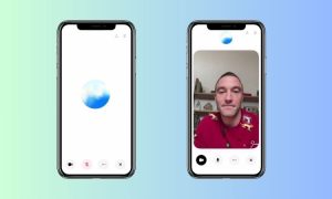Sobre un fondo degradado azul se ven dos móviles que muestran el funcionamiento del modo de voz avanzado con visión de ChatGPT