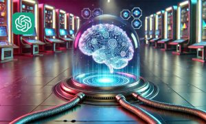 Cerebro digital iluminado dentro de una cúpula de cristal, conectado por cables, en un centro de datos futurista. Tecnología e innovación en IA.