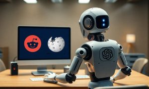 Un robot contento trabaja en una mesa. La mesa tiene dos enormes pantallas de ordenador. Vemos la escena desde detrás, desde la espalda del robot