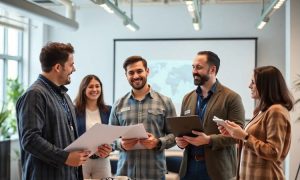 workers of an advertising agency, looking to a presentation. They are happy