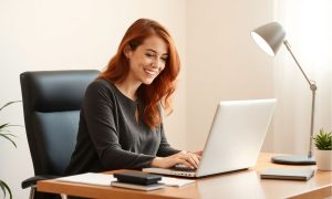 Imagen de una mujer blanca de unos 30 años de pelo rojo y largo está sentada en su despacho utilizando su ordenador portátil para trabajar. La mujer está contenta y el despacho es luminoso