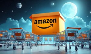 An imaginative world where a lot of shopping carts goes to a huge central Amazon cardboard box