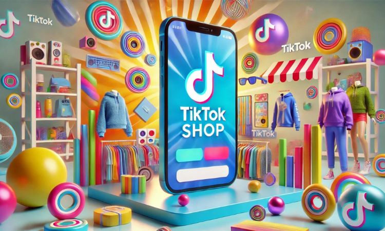 Imagen que muestra a un teléfono móvil sobre un pedestal en cuya pantalla se ve un fondo azul, el símbolo de TikTok y la leyenda "TikTok Shop". A su alrededor hay múltiples productos expuestos (ropa, altavoces, pelotas, etc.), junto con elementos dinámicos como círculos con el logo de la red social.