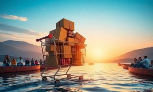 an imaginative photo of a shopping cart full of parcels floating on a beautiful river that flows to the horizon. The horizon is full of beautiful hills at dawn. There are people merrily using their cell phones on both sides of the river. Light is magnificent