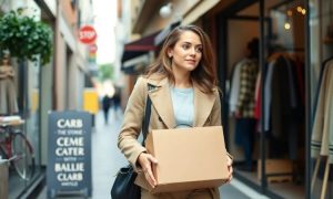 una mujer joven vestida de chaqueta y pantalón, sale de la puerta de una tienda con una caja de cartón en las manos La mujer mira hacia la calle