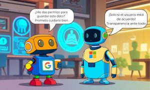 "Ilustración digital en estilo cartoon con colores vibrantes y amigables. Dos personajes antropomorfizados representan Google Consent Mode y Microsoft UET, conversando amigablemente sobre consentimiento de datos en un café futurista.